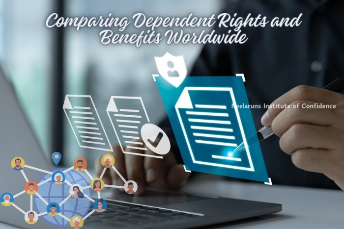 Analyzing Global Dependent Rights with Neelaruns Institute, Coimbatore - Professional working on a laptop with graphics depicting document comparison and international connections, showcasing our global immigration education services.