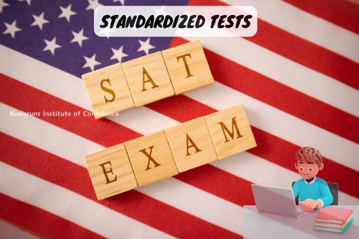 SAT Exam Prep in Coimbatore at Neelaruns Institute - Wooden blocks spelling 'SAT EXAM' on the American flag, with a focused student studying on a laptop, showcasing the standardized test preparation services offered by Neelaruns Institute of Confidence.