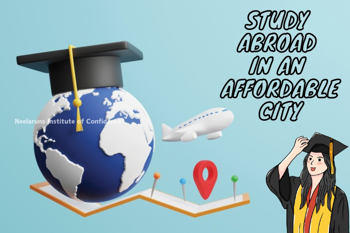Neelaruns Institute's Gateway to Affordable International Studies - Coimbatore students, visualize your graduation abroad with our globe and airplane graphic, representing cost-effective educational opportunities beyond borders