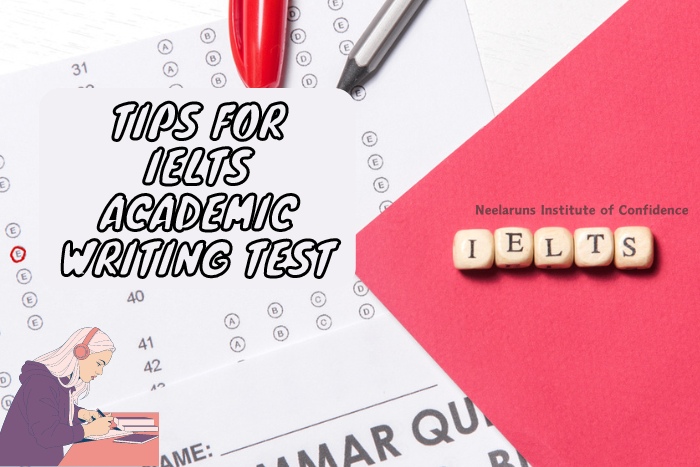 IELTS Academic Writing Test Expertise at Neelaruns Institute, Coimbatore - An answer sheet with a red pen, IELTS blocks, and a focused student illustration, emphasizing the tailored writing test advice provided in Coimbatore.