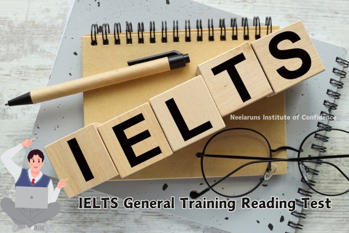 IELTS General TrainiIELTS General Training Reading Test Prep in Coimbatore - Neelaruns Institute's focused educational materials, including notepad, pen, and glasses, with IELTS blocks, for comprehensive reading test strategies.ng Reading Test.