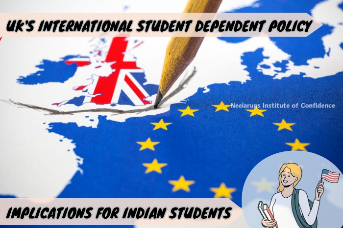 Guidance on UK's Student Dependent Policy at Neelaruns Institute, Coimbatore - Map highlighting the UK with a pencil, alongside a message on the policy's impact on Indian students, illustrating the institute's commitment to providing up-to-date international education advisement.