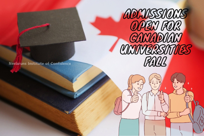 Fall Admissions for Canadian Universities at Neelaruns Institute, Coimbatore - A mortarboard on top of books with the Canadian flag in the background and students celebrating, representing assistance with university admissions provided by Neelaruns Institute.