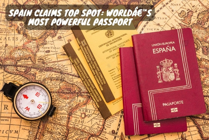 Stay Informed with Neelaruns Institute, Coimbatore - Spanish passports on an antique world map with a compass, signifying Spain's ranking as having the most powerful passport and the global insights provided by Neelaruns Institute.