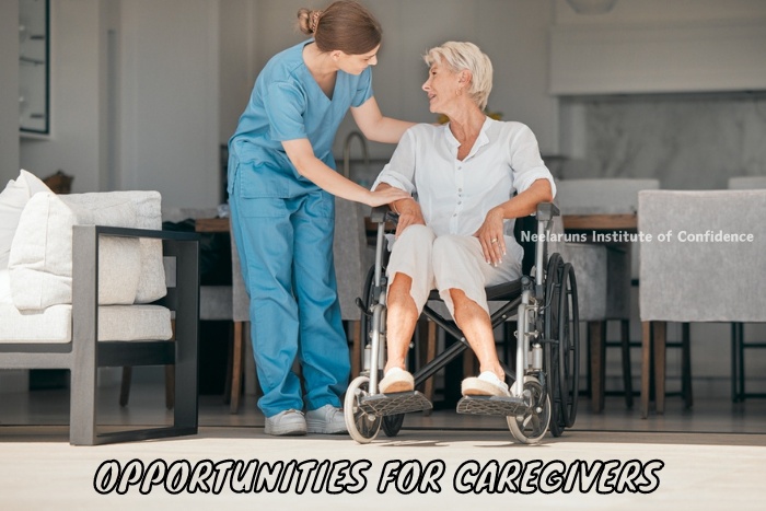 Empowering Caregivers in Coimbatore - A healthcare professional compassionately assisting an elderly woman in a wheelchair, highlighting the caregiver opportunities and training provided by Neelaruns Institute of Confidence.